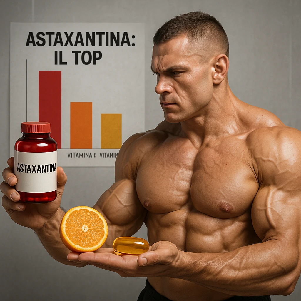hyper realistic bodybuilder comparing Astaxantina, vitamin C and vitamin E, sculpted muscles, red bottle, orange and golden capsule, bar chart, text 'Astaxantina: il top', scientific atmosphere emoji