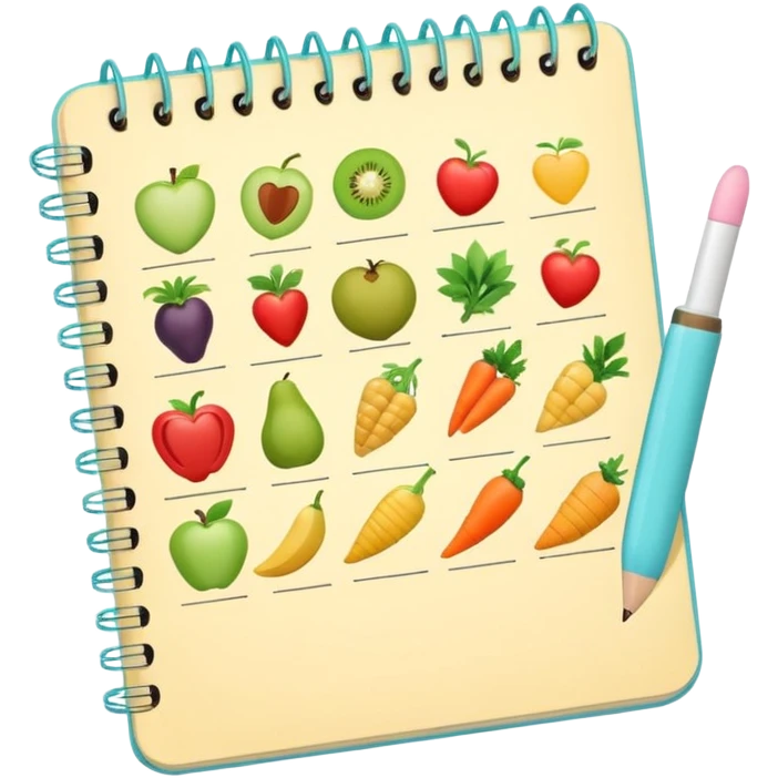 Emoji of checklist notebook with healthy food icons, nutrition planning, flat minimal emoji, pastel colors emoji
