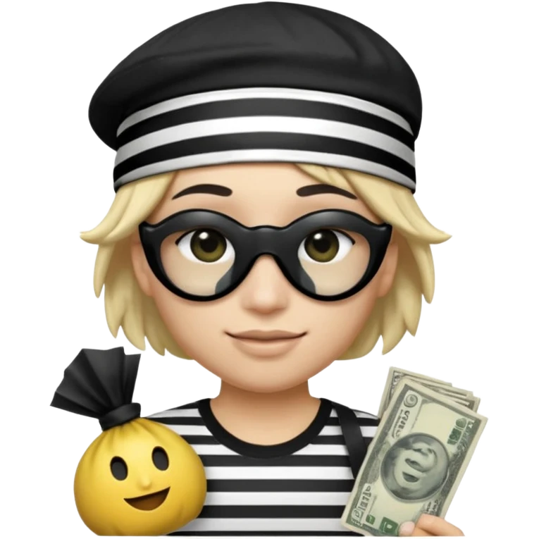Realistic ios emoji-style portrait of a classic burglar, a black eye mask and a black-and-white striped shirt. Highly detailed, natural skin texture, realistic shadows, smooth gradients, glossy reflections in the eyes. emoji-like hair, black hat, an ios emoji bag of money in a right corner  emoji