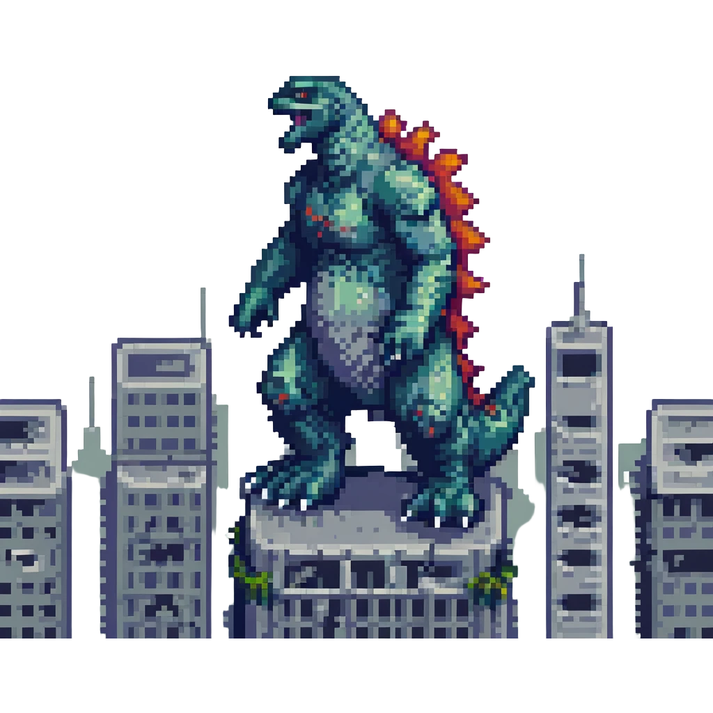 Godzilla, stomping on buildings, retro video game look, pixel art style emoji