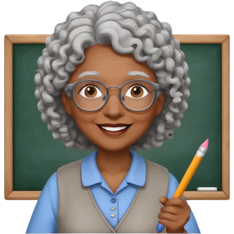 old woman teacher, brown skin, curly grey white hai, wearing glasses, hold chalk on hand emoji