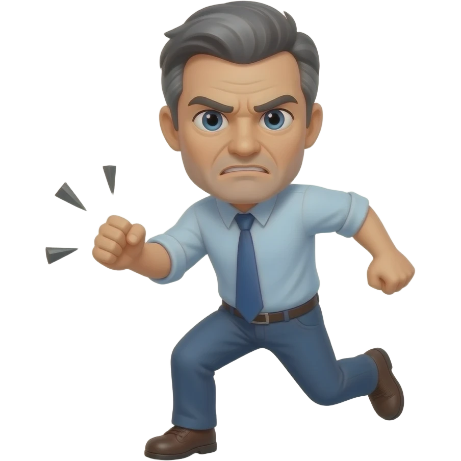 Mitte vierzig jähriger alter Mann. Grau,schwarze Haare. Versucht anzugreifen und ernst zu wirken, scheitert aber und verliert das gleichgewicht emoji