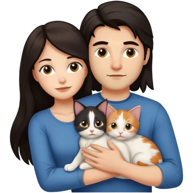 Девушка с тёмными длинными волосами рядом мужчина обнимает её и у них котенок emoji