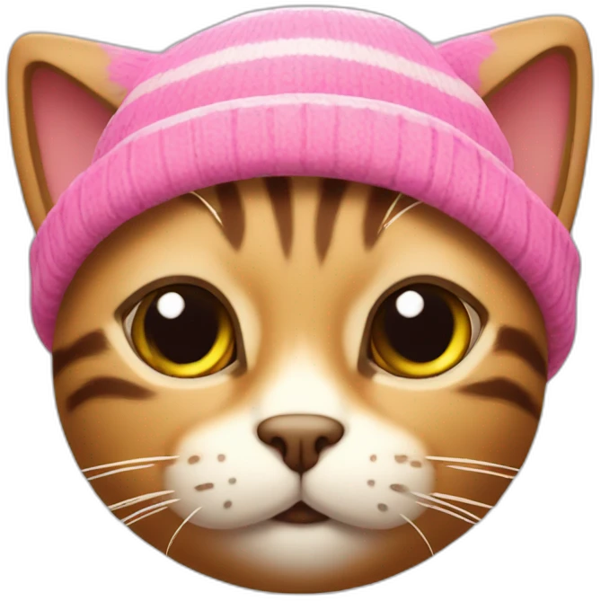 stripped brown cat with a pink beanie hat on his head emoji