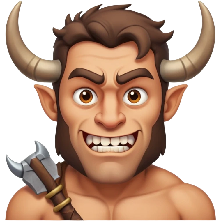 a barbarian with big eyebrows, horns, crooked teeth, visibly dumb man, but with a bare neck emoji