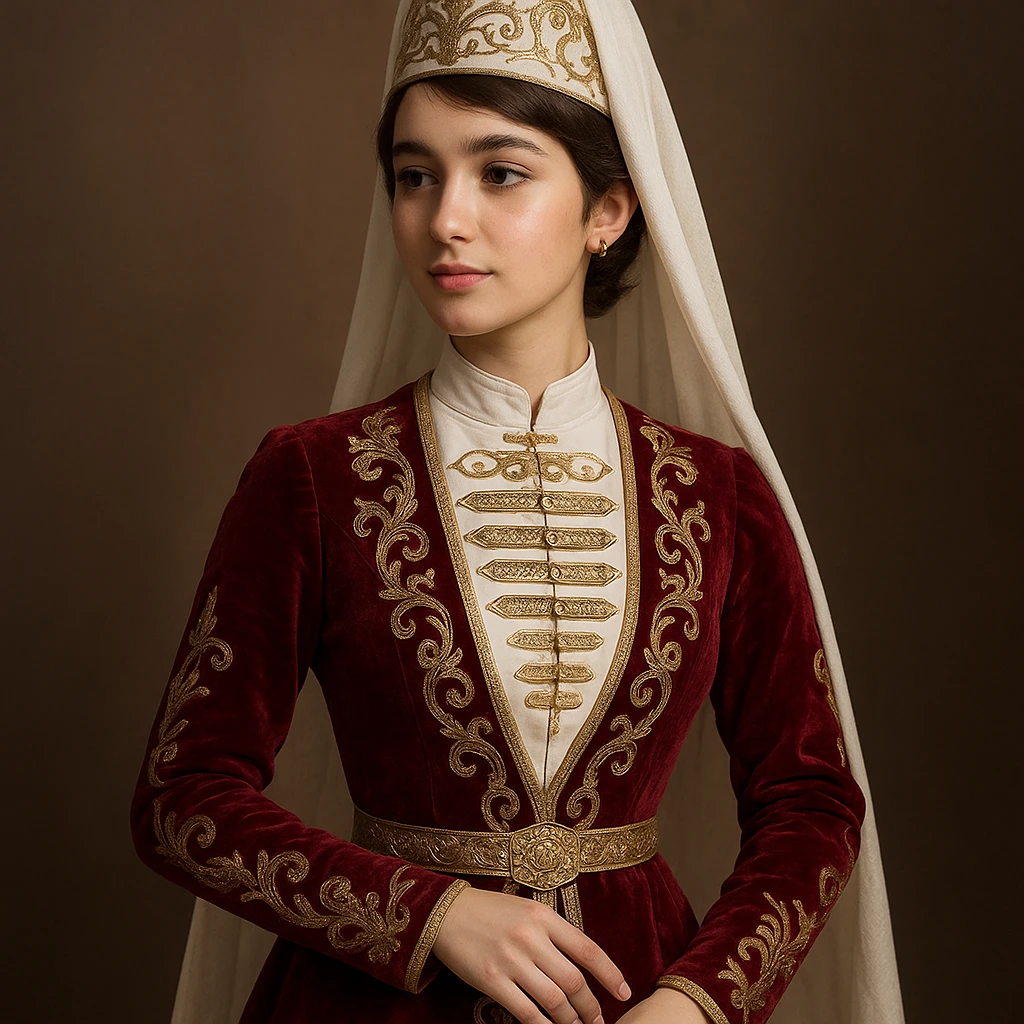 Chechen young woman, age 20, short brown hair, wearing a traditional Chechen costume, elegant pose emoji