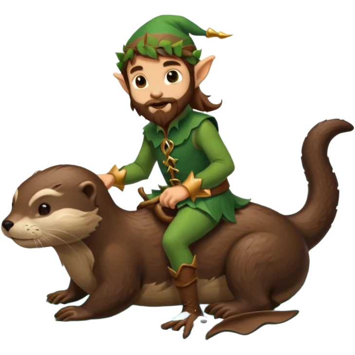 tiny forest elf man long brown hair beard riding an otter emoji