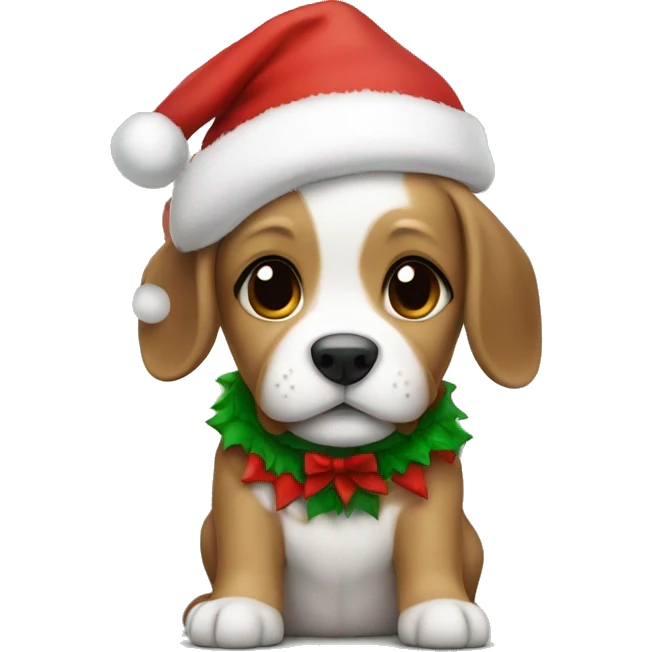 A puppy wearing a Christmas jersey with Santa hat emoji