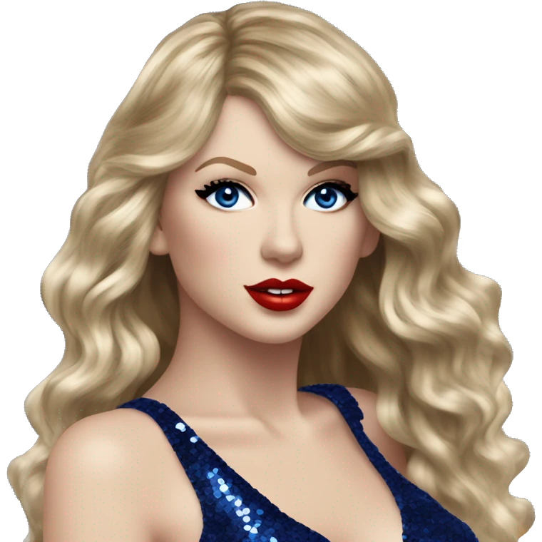 Realistic Taylor swift wearing navy blue glittery sequin bodysuit and long hair with red lipstick and blue eyes  emoji