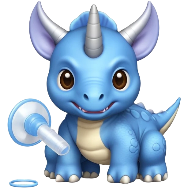 A small blue baby triceratops toy with stubby horns and a pacifier emoji