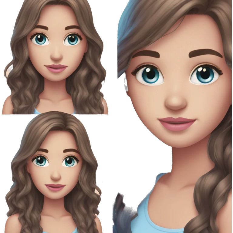 Beautiful teenage girl, long hair, brunette, Brown hair blue eyes, light pink lip color emoji