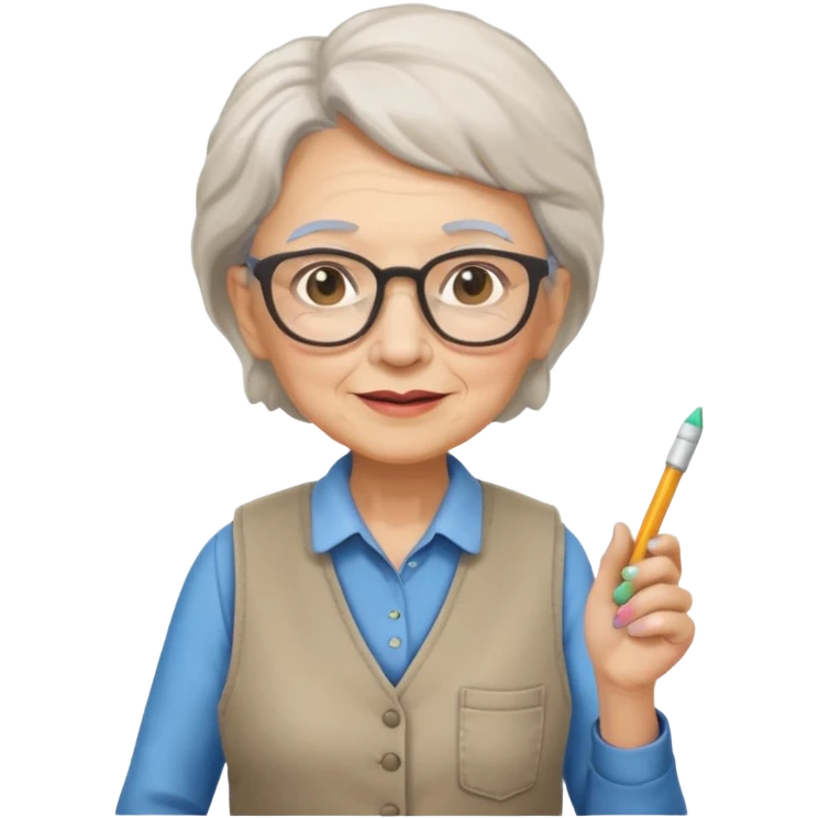 woman teacher, old, wearing vest, wearing glasses, hold chalk on their hand emoji