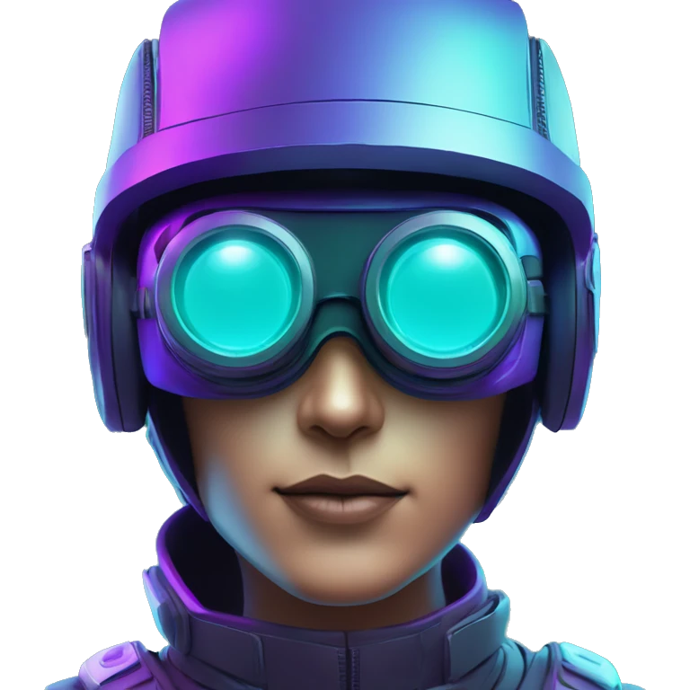 Secret human agent in a futuristic hat with in Apple VR goggles headset code display on the goggles , cyberpunk, cyan and purple colors, only upper body portrait, front facing the camera  emoji