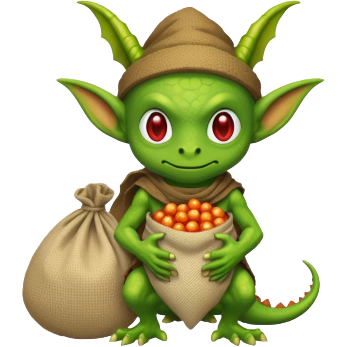 A pixel art goblin with a cloth sack over its back filled with dragon eggs. emoji