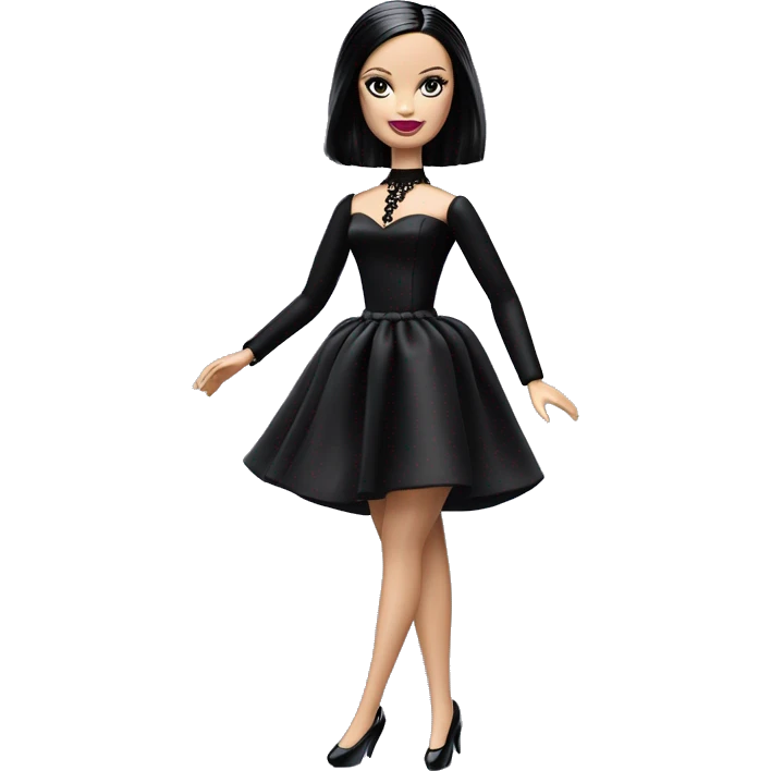  Wednesday Addams Barbie dancing.  Longer hair, short black flowing strapless evening gown with  plunging neckline that’s off-the-shoulders that also shows her legs and black shiny velvet high heel shoes. emoji