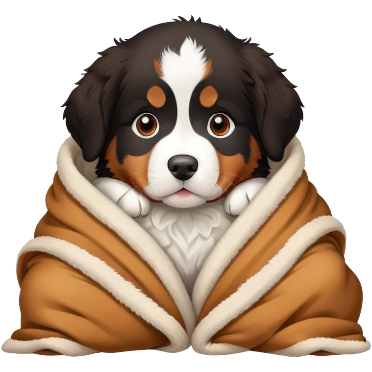 Cute, Disney-style Bernese mountain dog puppy cozy in blanket emoji