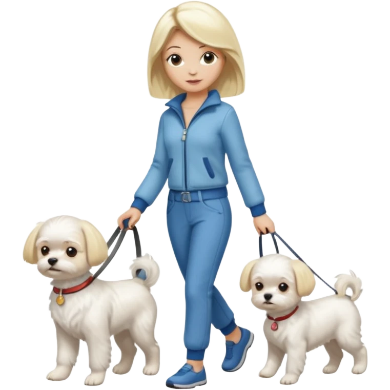 blonde woman wearing pants, walking a small maltese dog. emoji
