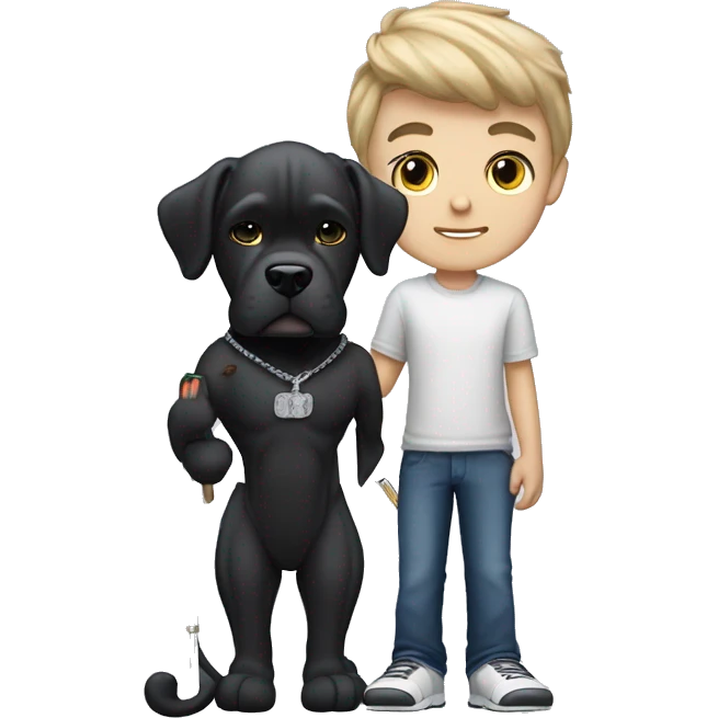 young white kid with justin beiber hairstyle standing alongside a black cane-corso emoji