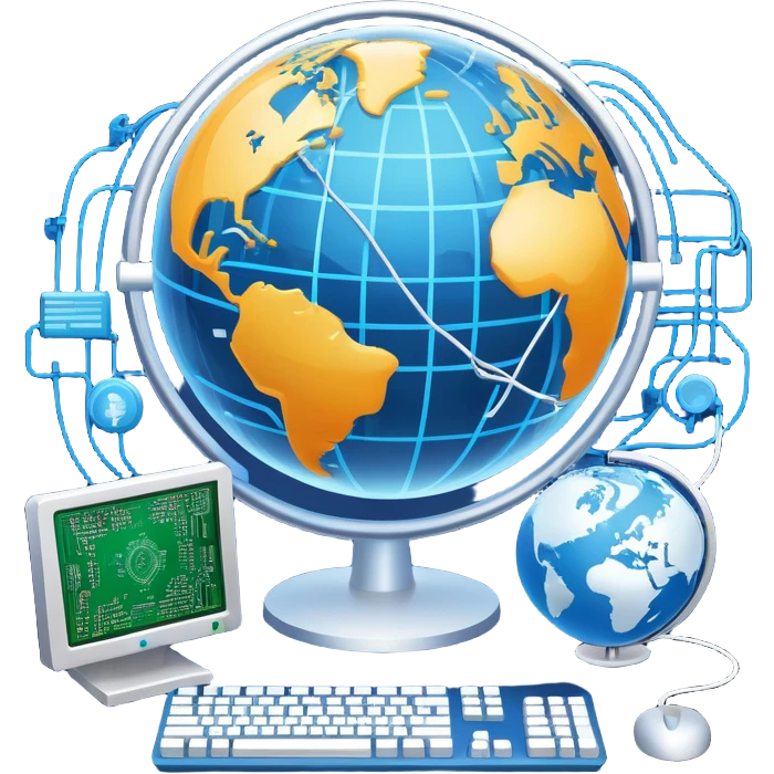 An icon featuring a computer monitor displaying code, a globe with network nodes, and a circuit board, symbolizing IT. The design includes data streams, cloud storage, and a keyboard, representing digital innovation, connectivity, and problem-solving. Transparent background emoji
