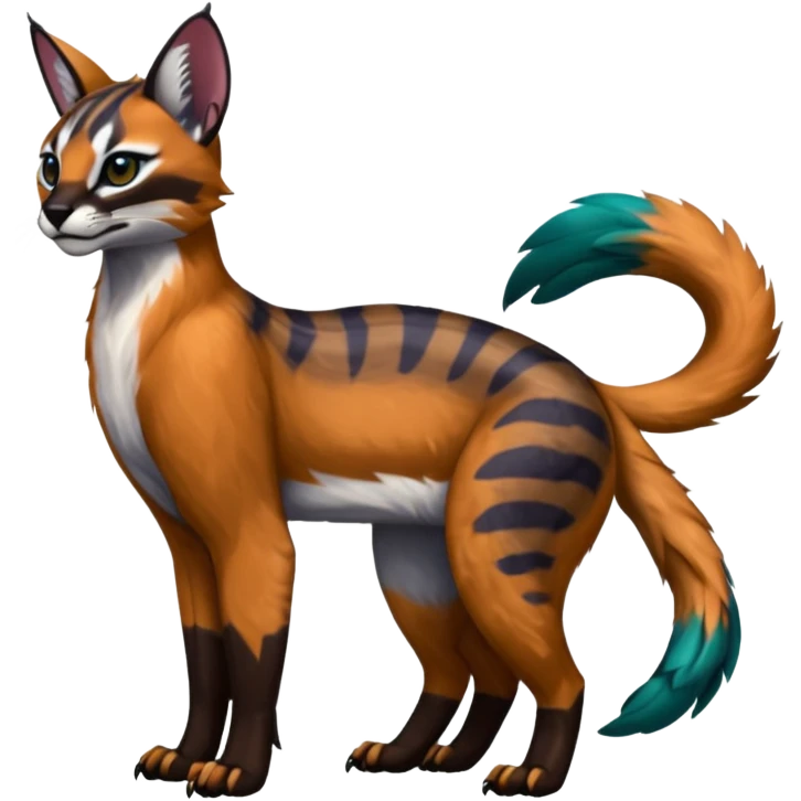 Colorful dark tropical tribal glorious divine exotic cute cool beautiful beautiful fantasy-caracal-civet-genet-sergal-vernid-Gryphon-Cacomistle-Trico-oncilla-animal-Fakémon-hybrid-fursona (full body) emoji