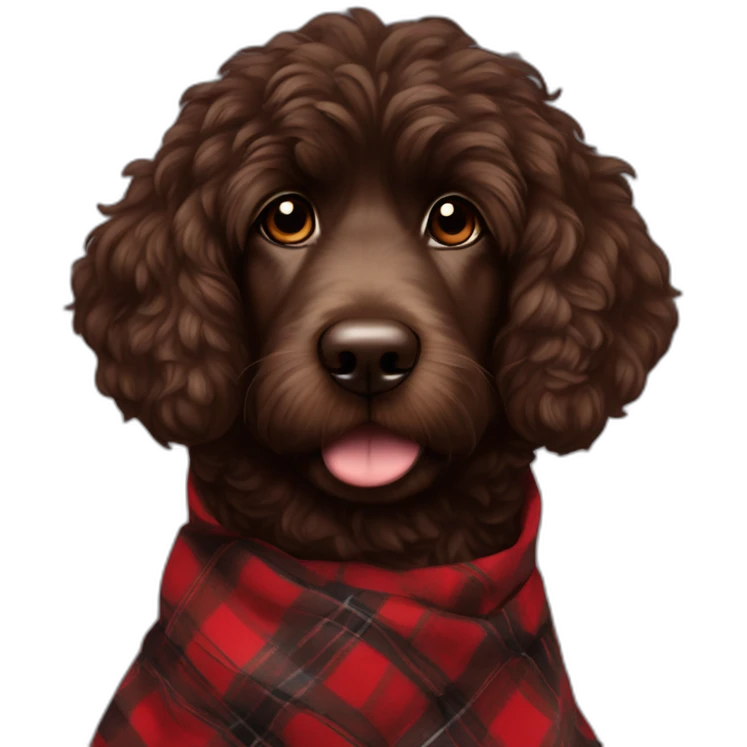 portrait Dark chocolate colored doodle with wavy fur wearing a red and black flannel handkerchief emoji