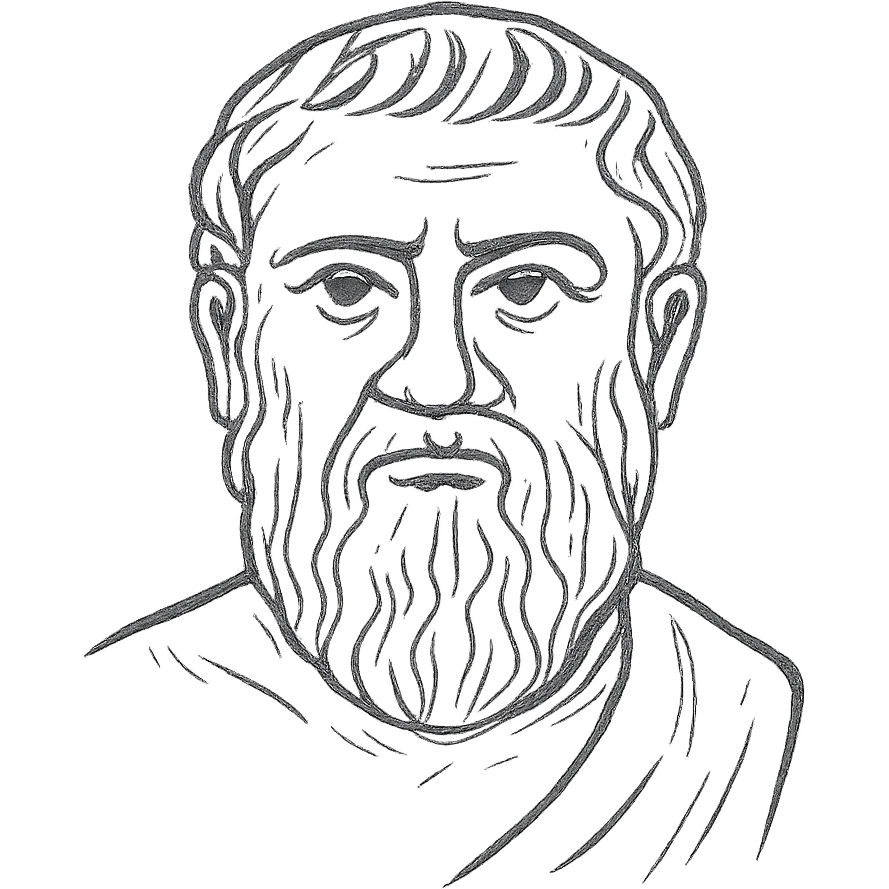 a hand drawn black outline portrait of Plato with similar-sized eyes based a famous portrait of him emoji