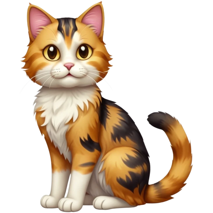 cinematic-[calico tabby cat]-realistic-full-body-sitting-emoji,-tail-curled-playfully-around-its-paws,-head-tilted-dramatically,-scruffy-[calico]-fur,-simplified-yet-realistic-adorable-features,-highly-detailed,-glowing-with-an-almost-sarcastic-glow emoji
