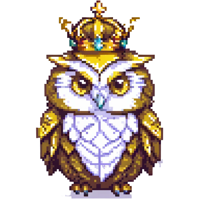 pixel art crowned owl, with a golden crown and big eyes emoji