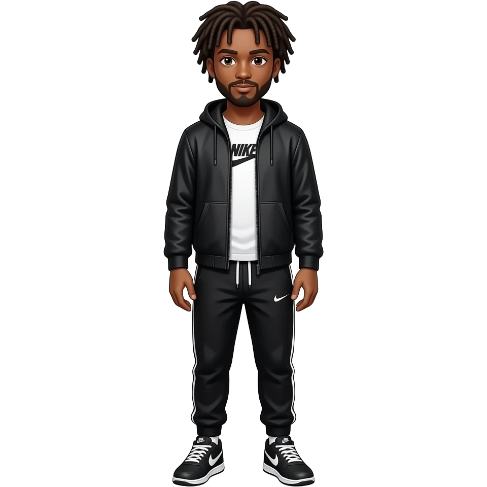 A tall black teenager boy with dreads and half beard whole body with black and white Nike techcloths and Nike shoes emoji