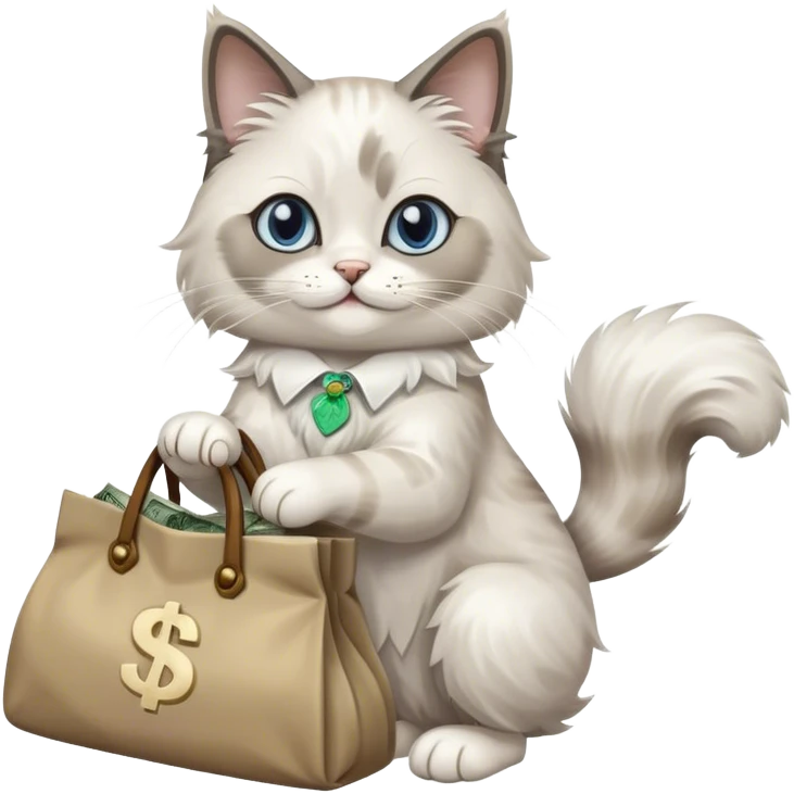 the ragdoll waves its paw and holds a bag of money emoji