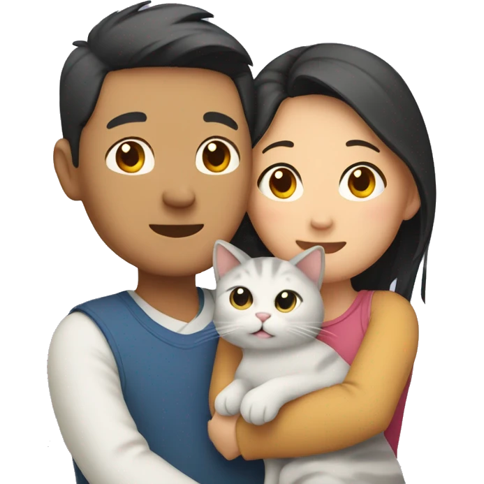 Asian Couple hugging with a cat emoji