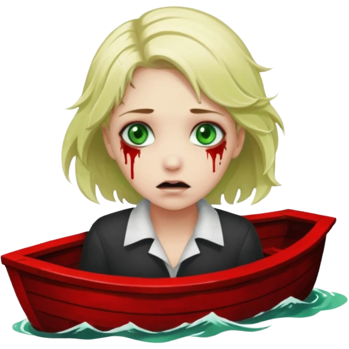 sad depressed weak cs major who is a pretty girl with blond hair and green eyes drowning on ship, very pretty very sad and weak. Near death almost dead drowning. But the pretty girl is like the whole ship and her face is on the helm dark lovecraft evil. emoji