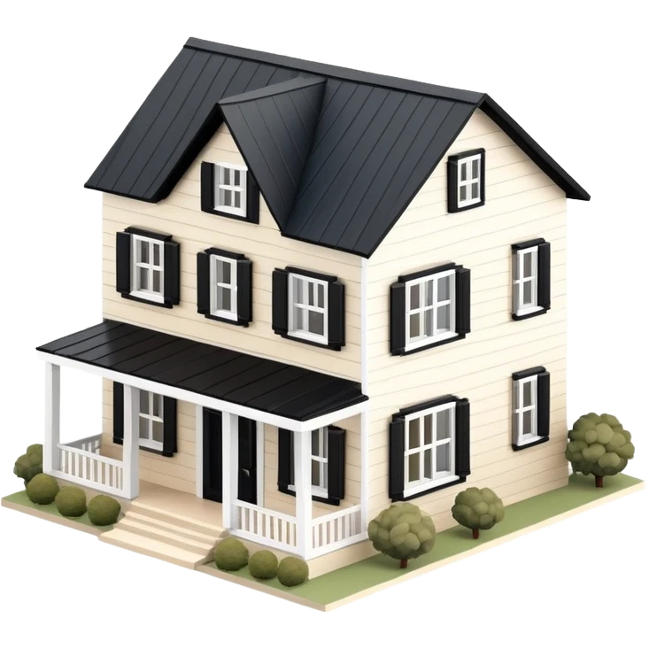 Isometric exterior little black, beige, and white modern farmhouse, dollhouse style 3D realistic  emoji