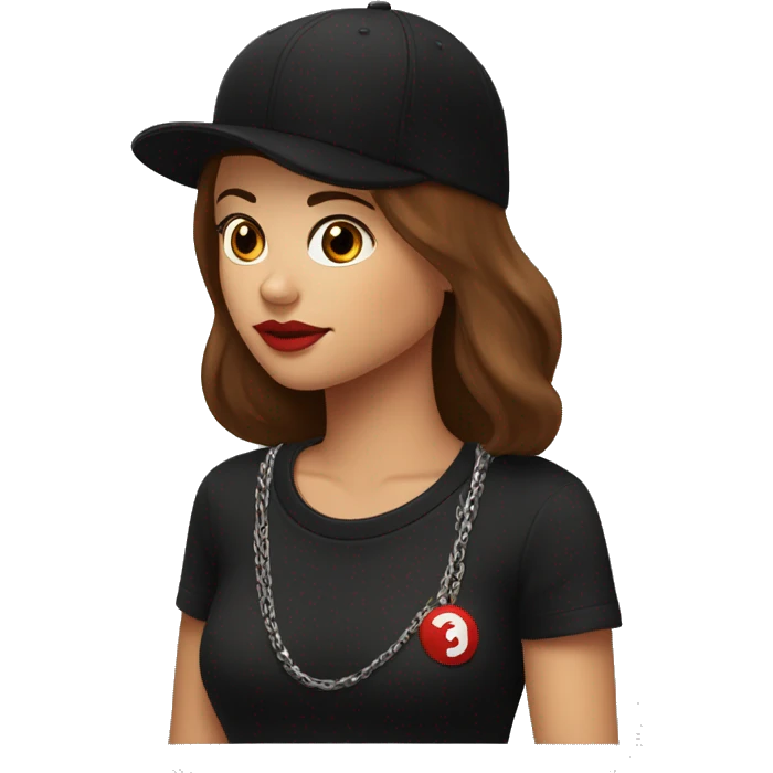 Beautiful woman wearing a black cap and black sweatshirt, big lips, brown straight hair. On the cap a small red question in an inverted triangle. There is a chain around her neck. emoji