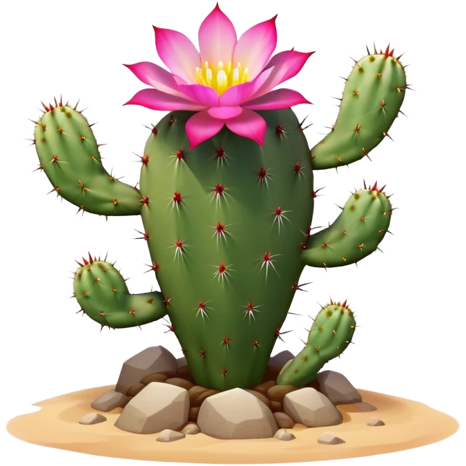 A desert-dwelling plant hybrid with cactus spines, blooming flower petals that change color with the temperature, and the ability to burrow underground with root-like limbs during sandstorms. emoji