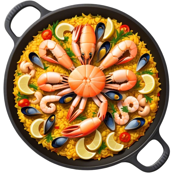 Cinematic Realistic Paella Dish Emoji, depicted as a vibrant, aromatic rice dish loaded with seafood, chicken, and saffron rendered with rich textures and dynamic, warm lighting. emoji