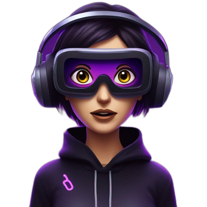 Cathie Wood wearing a black hoodie with "OMG" letters on it and VR headset in a cyberpunk VR environment with violet neon lighting. emoji