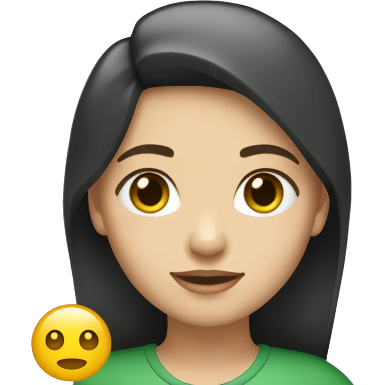 Uma menina branca com cabelos castanhos claros, olhos verdes, e blusa preta de gola alta emoji