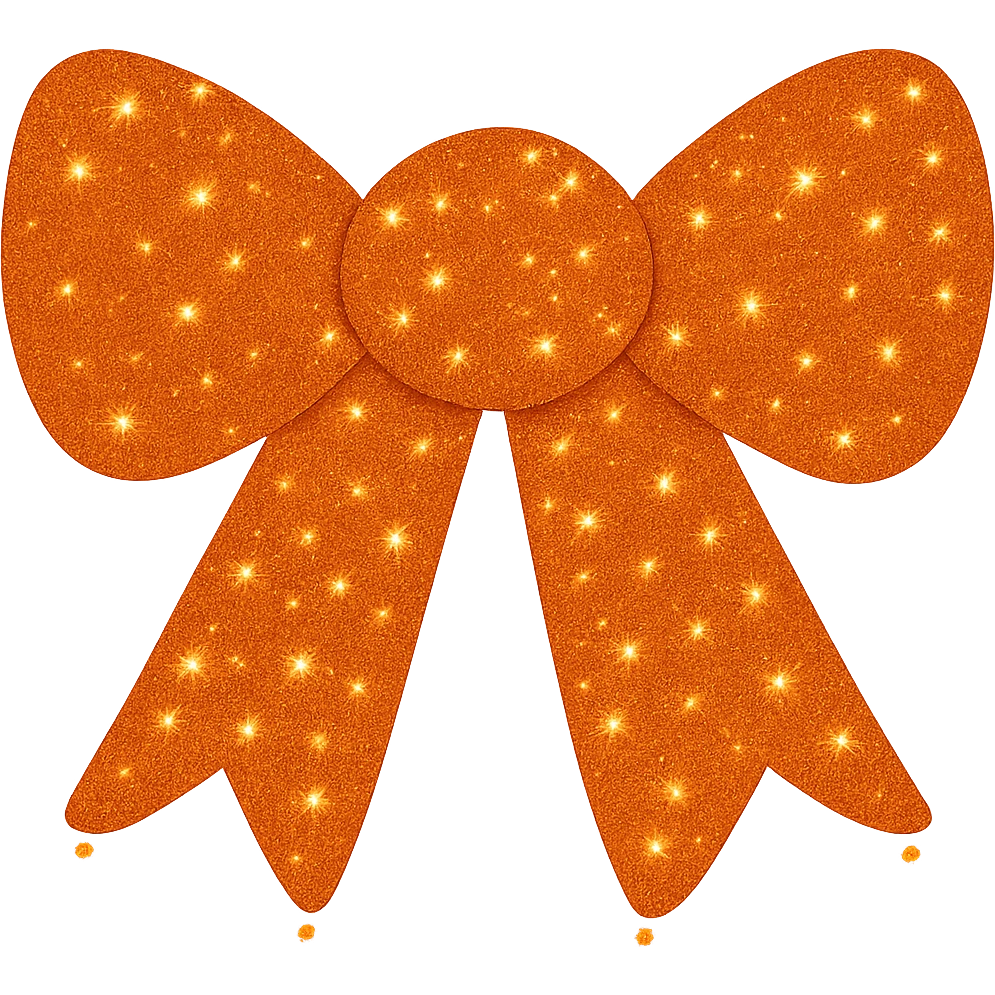 Make the decorative bow orange and covered in glitter, shiny and vibrant, no background. The style should be shiny and vibrant with glitter details and a decorative look. emoji