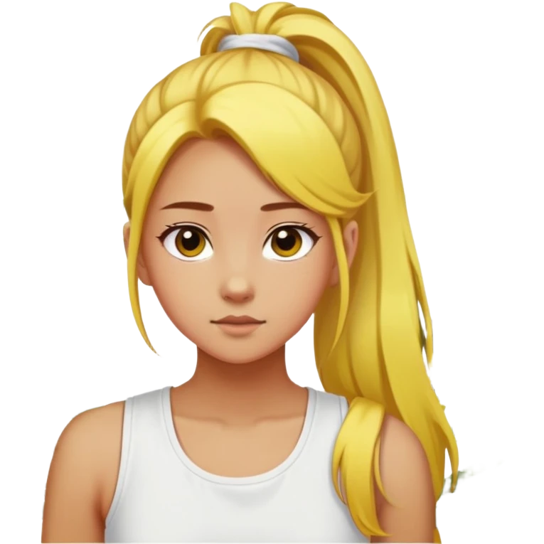 A girl with a high ponytail, a yellow hair tie, and a sleeveless white top, surrounded by blooming forsythias. emoji