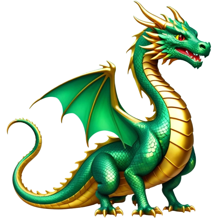 cinematic-noble-dragon-full body-emoji,-poised-and-majestic,-with-a-sinuous,-elongated-build-and-shimmering,-scale-covered-skin-in-hues-of-emerald-and-gold,-piercing,-fiery-eyes,-simplified-yet-sharp-and-sophisticated-features,-highly-detailed, zoomed out showing the serpentine body emoji
