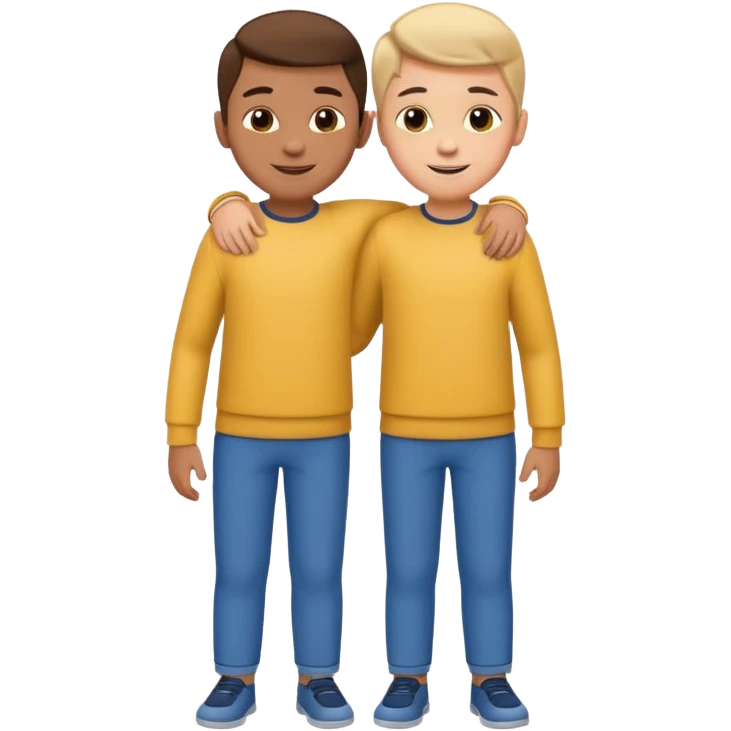 Two cartoon-style two  boy with similar features, arms around each other's shoulders, smiling, matching outfits, standing close, white background, emoji style emoji