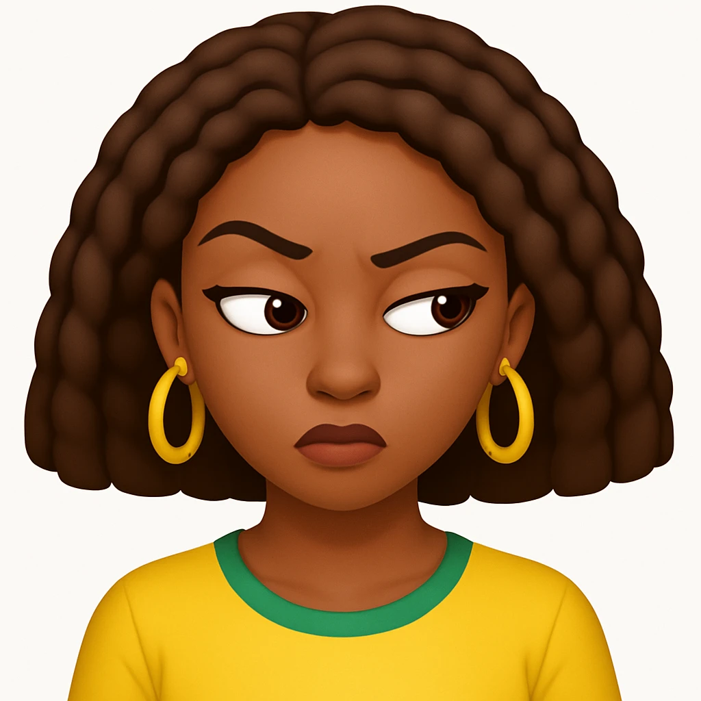 Make the Jamaican woman's side eye expression sassier. The original style is emoji style, but since emoji style does not support editing, please keep the look consistent while enhancing the sassiness of the expression. emoji