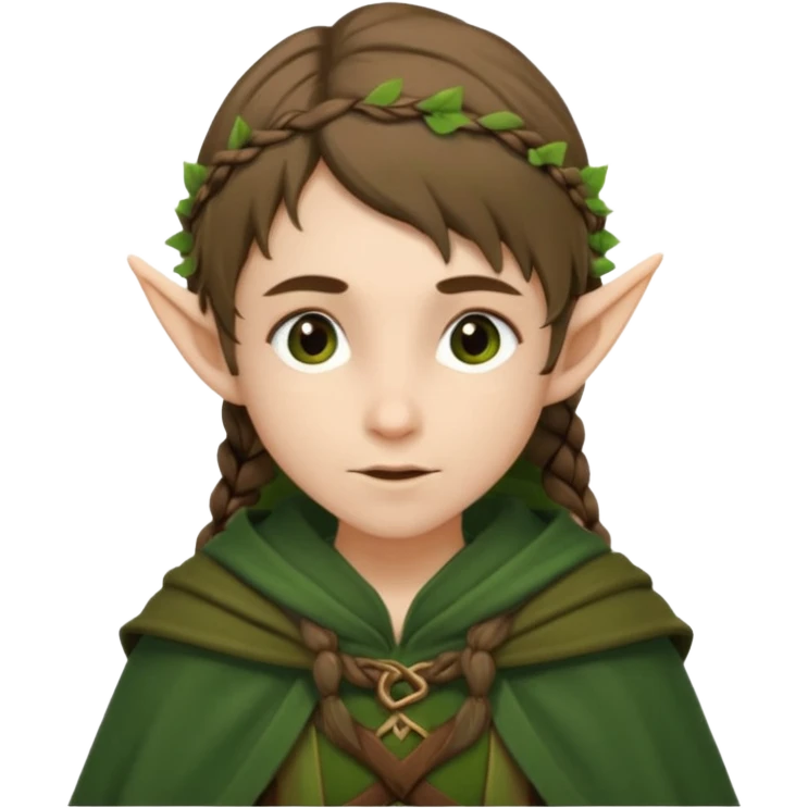 forest elf, brown braid, green cloak, gentle expression emoji