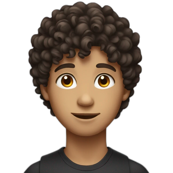 brunette boy with curly hair, eyes black emoji