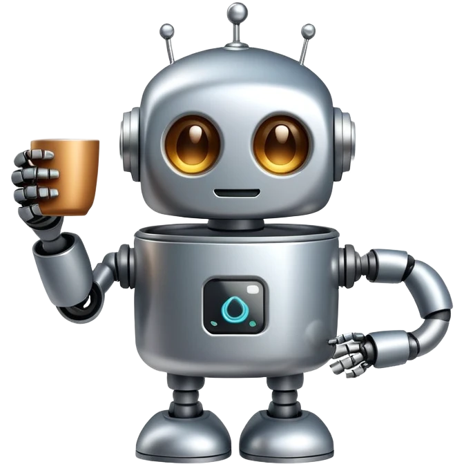 A cute robot holding a steaming coffee mug emoji