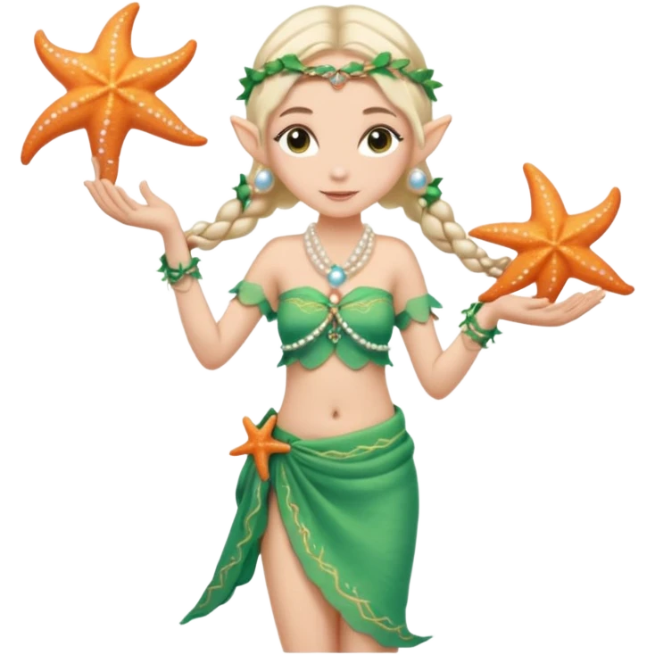 elf female Sarong with bioluminescent embroidery, armful of starfish, hair in a braid with pearl pins emoji