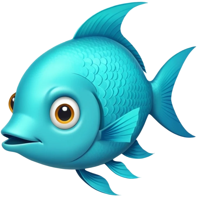 bright turquoise fish in perfect flat side profile, exactly facing right, single eye visible, completely 2D side view only, derpy stupid expression, no perspective at all emoji