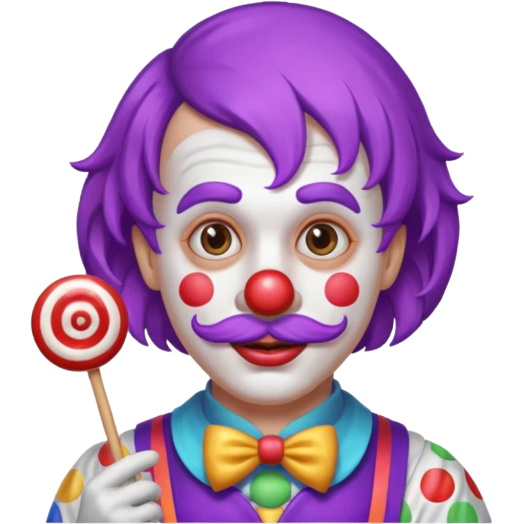 Funny clown — purple wig, mustache, candy in hand emoji