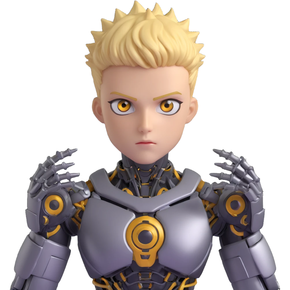 Genos from One Punch Man, android cyborg with spiky blond hair, metallic arms, intense eyes, compact and expressive, no text emoji
